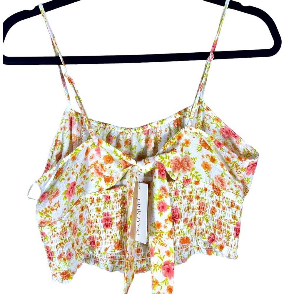 Pink Rose Cropped Elastic Adjustable Shirred Floral W/Bow Top Size Medium NWT - Picture 3 of 8